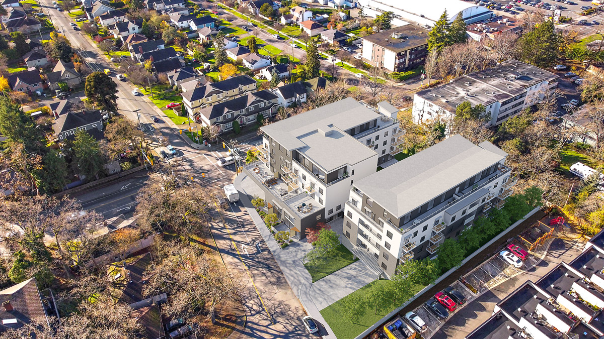 Exterior Aerial View of Adamo and Bellus Towers at The Proxima on Esquimalt and Lampson