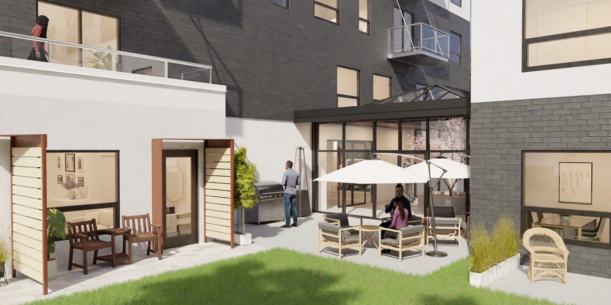 The Proxima features a lovely courtyard with grass, greenery, and space for enjoying barbeques and time with friends